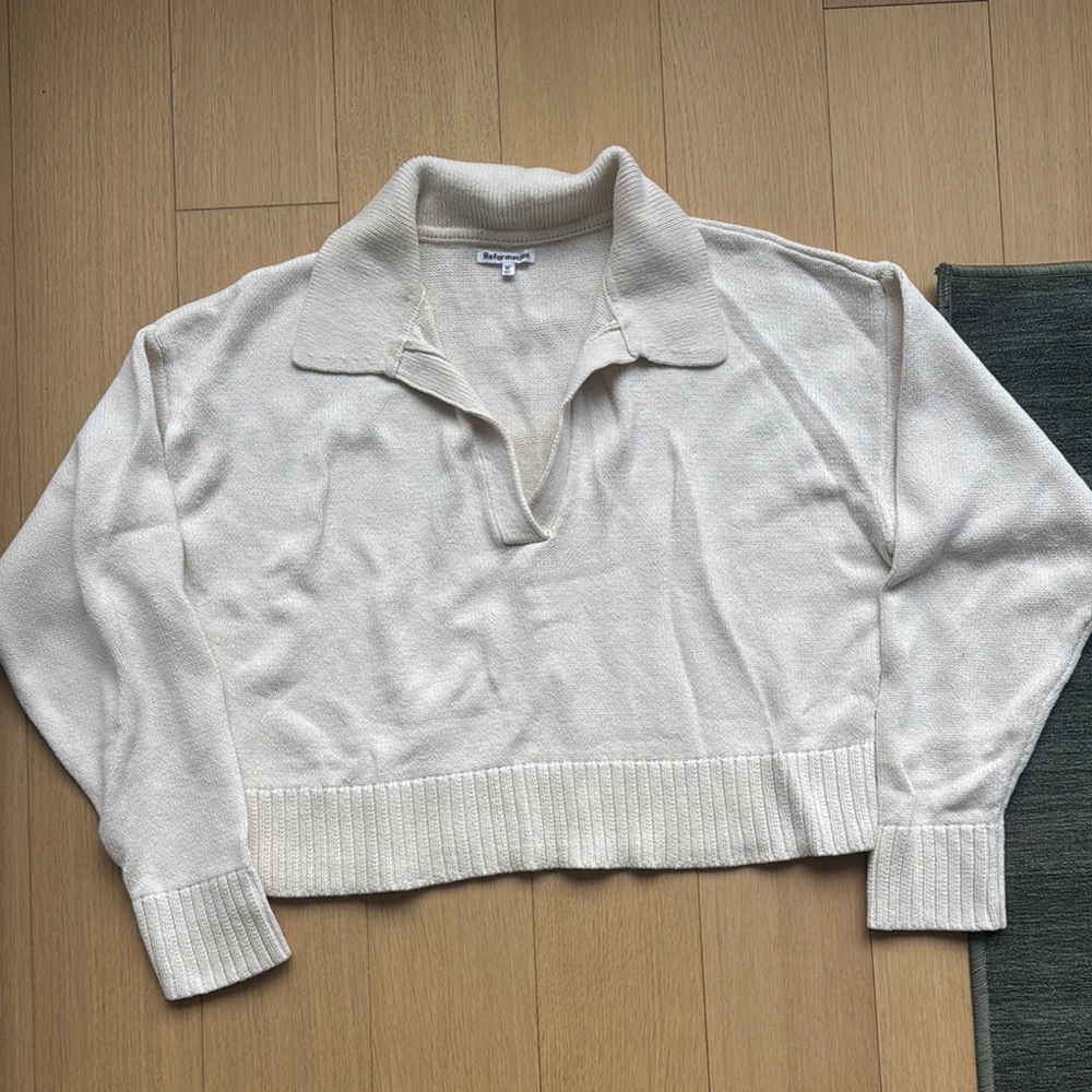 Reformation Cream V-Neck Sweater with Knit Texture